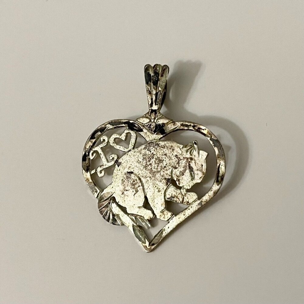 Vintage Sterling Silver I Heart Cat Pendant Tarnished